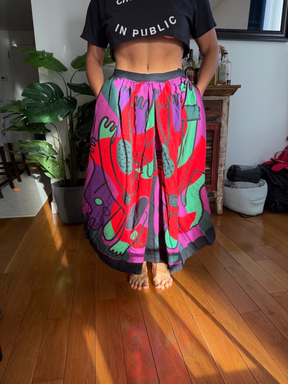 Abstract Print A-Line Midi Skirt in Red, Pink & Green
